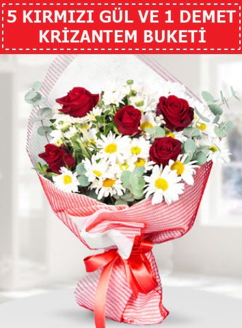 5 adet kırmızı gül ve krizantem buketi  Bitlis çiçek satışı 